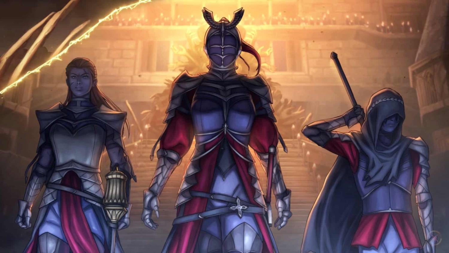 Three dark armoured characters standing in front of stone stairs inside a candle-lit hall