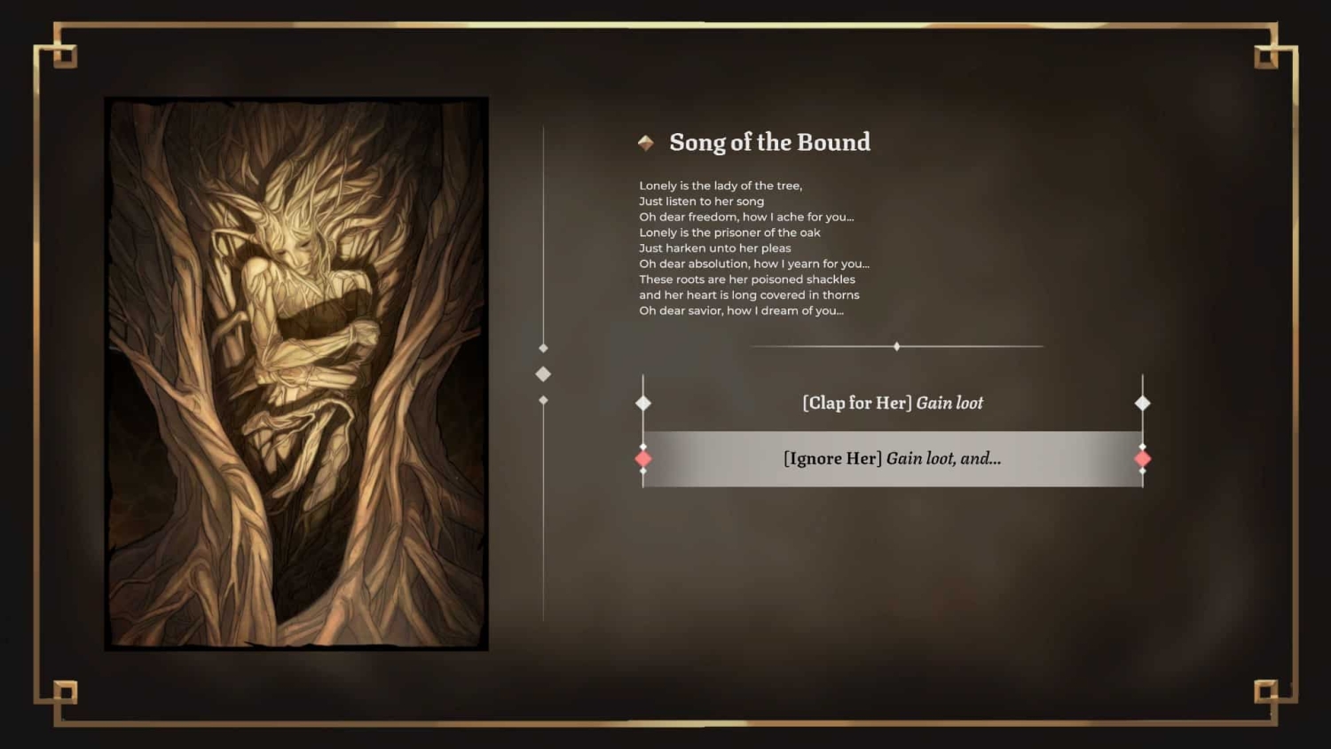 Sepia-toned illustration of a figure entwined in tree roots next to a poem with two player choice options