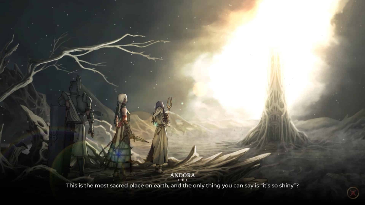 Three fantasy characters stand in a dark landscape gazing at a glowing mystical tower with bright light