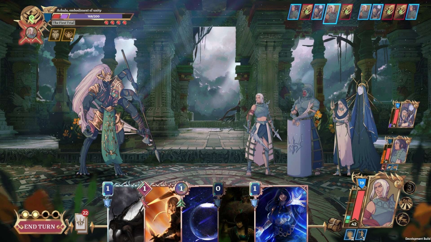 Characters with weapons and magical cards in a tactical battle inside ancient ruins under stormy sky