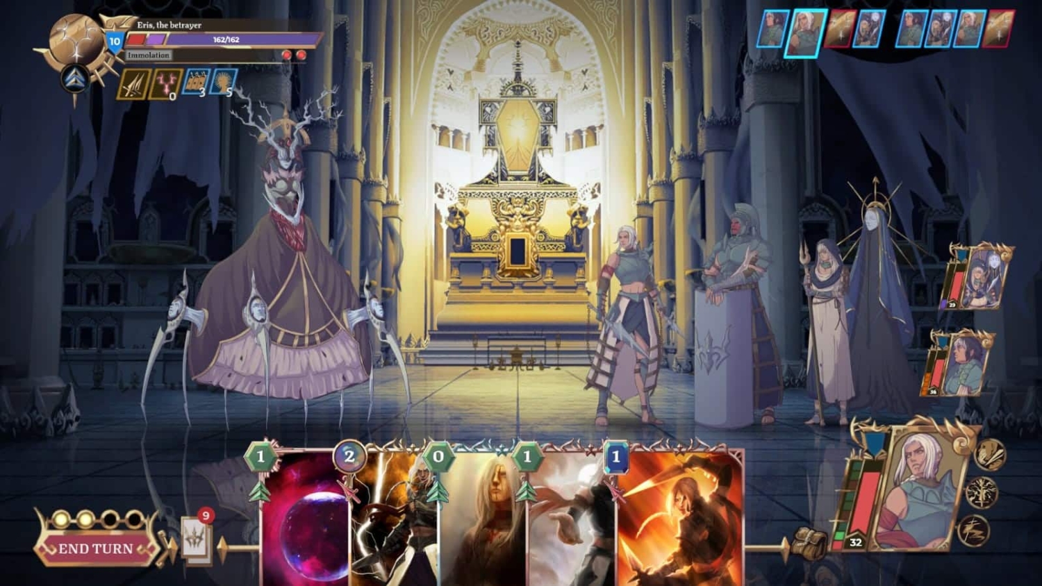Turn-based card battle scene set in a glowing ornate throne room with characters on the right and cards displayed at the bottom