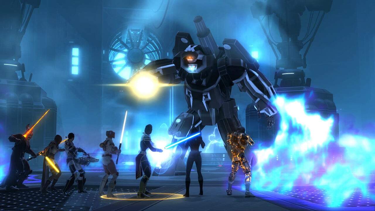 Group of characters wielding lightsabers and weapons battling a large mechanical robot emitting blue energy indoors