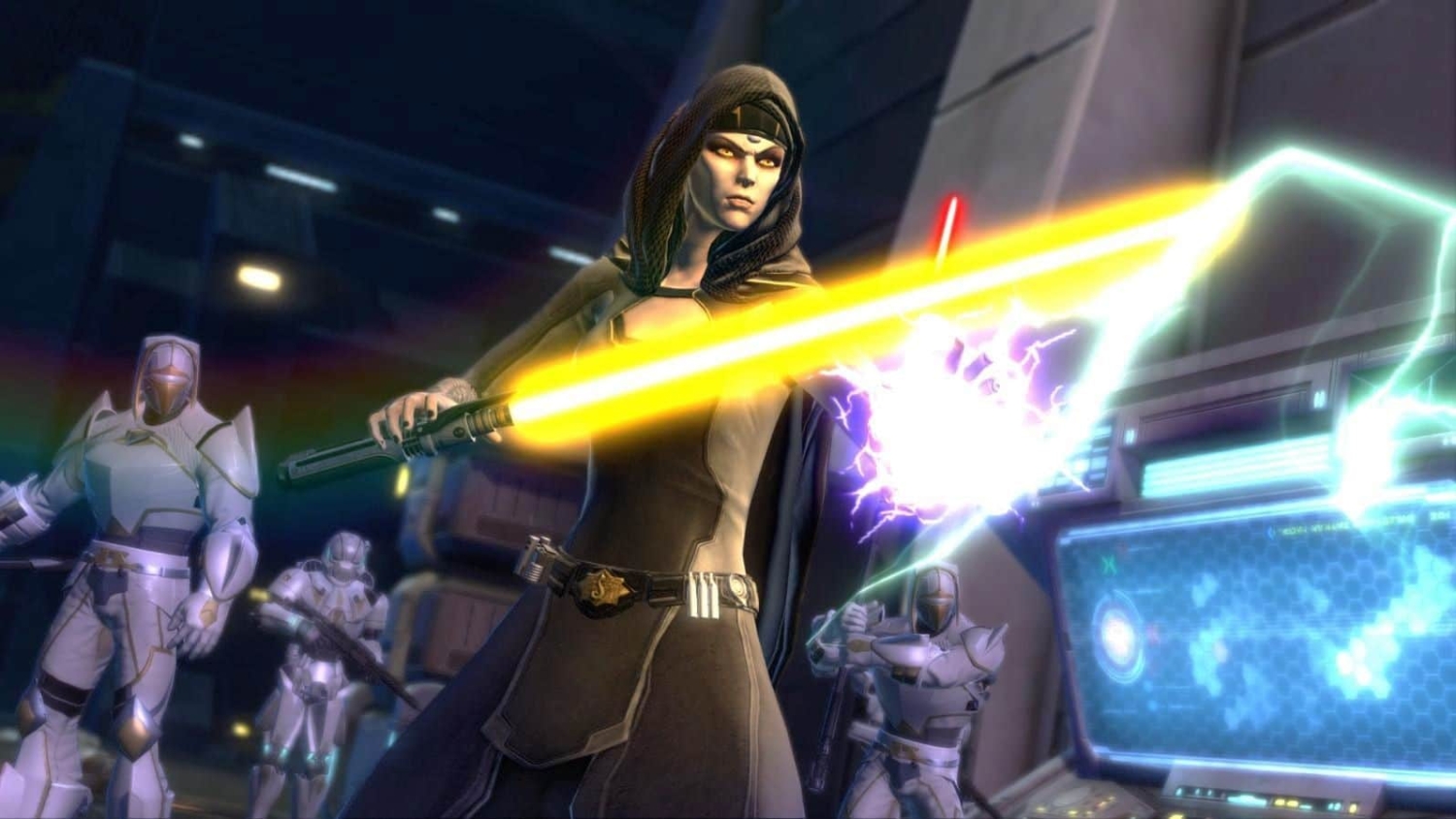 Sith warrior in dark robes wielding a yellow lightsaber and using force lightning in a futuristic setting with armed guards behind
