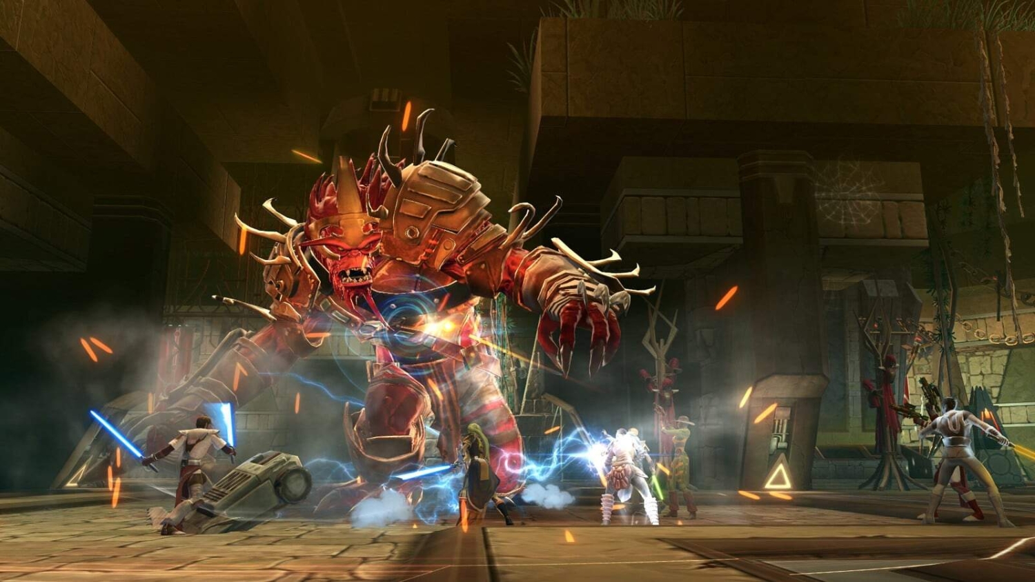 Group of players fighting a large red demon with glowing claws in a dimly lit ancient temple
