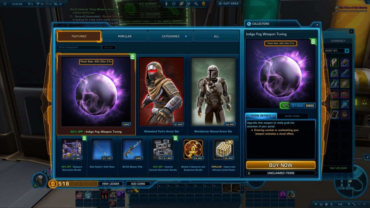 In-game store showing discounted weapon tuning and armour bundles with a flash sale timer and prices in credits