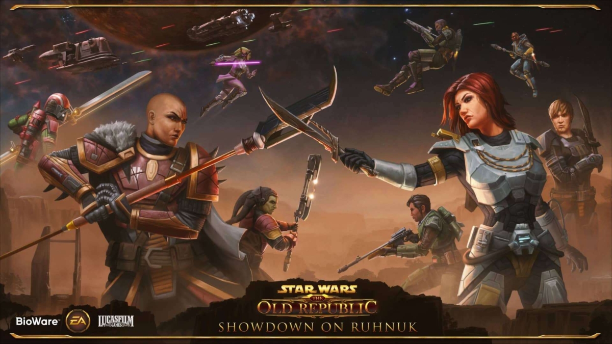 Characters from Star Wars Old Republic fighting with swords and weapons in a desert battlefield under a purple and orange sky