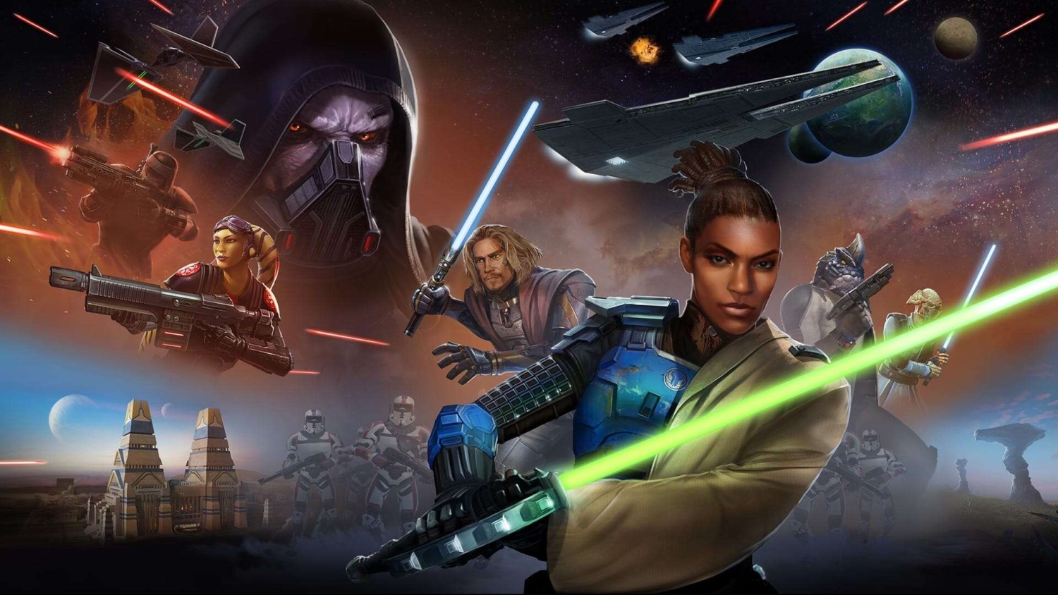 Female warrior with green lightsaber leading diverse fighters with blasters and blue lightsabers amid starships and planets