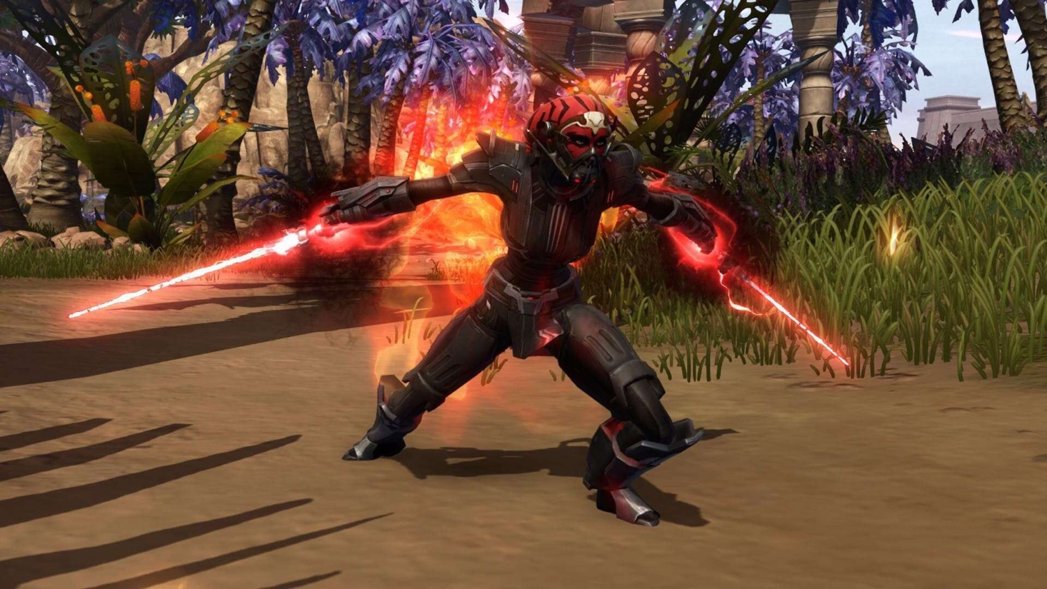 Character in dark armour brandishing two red glowing lightsabers with fiery energy effects
