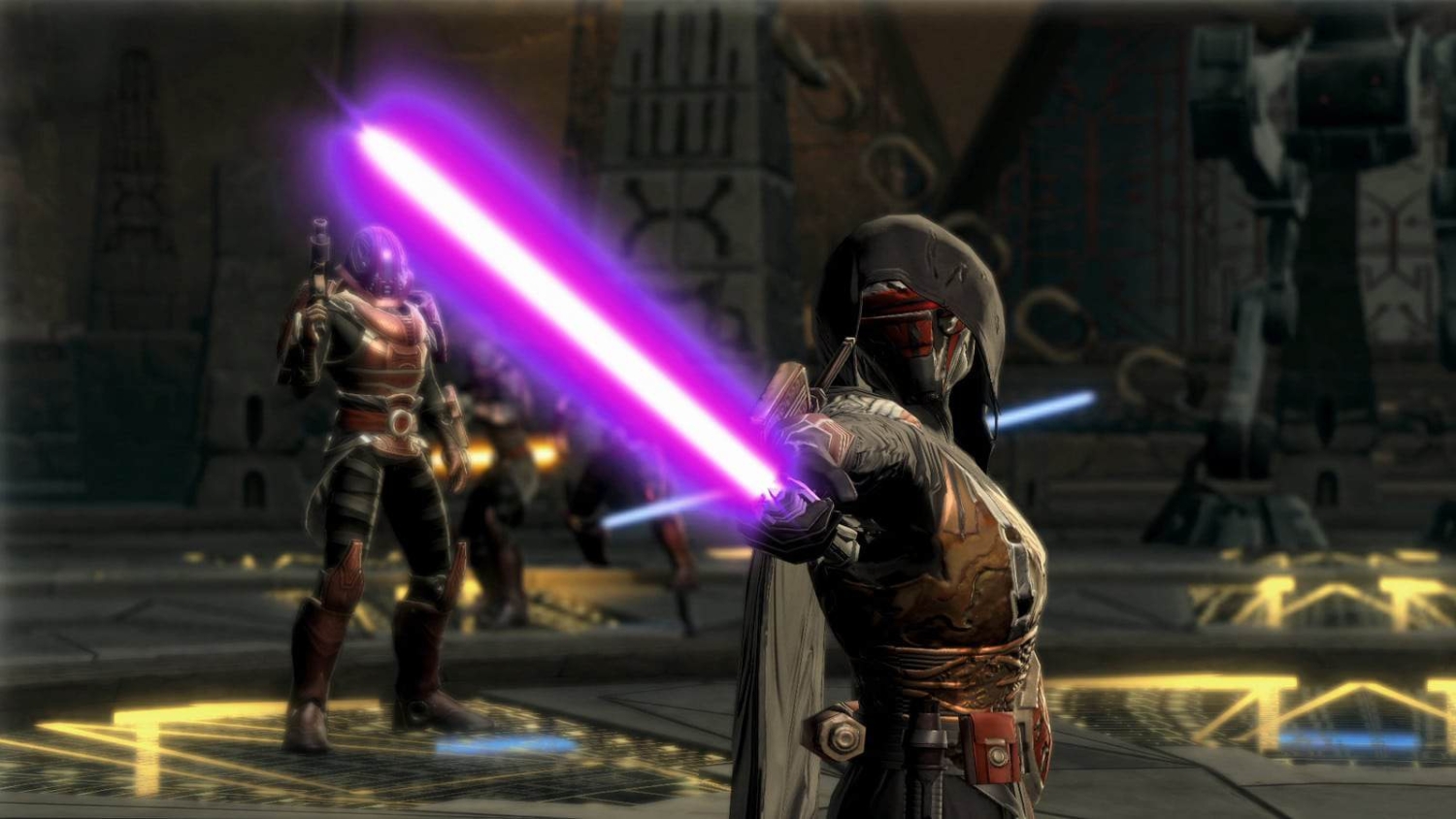 Hooded Sith warrior aiming a glowing purple lightsaber in a dimly lit ancient temple