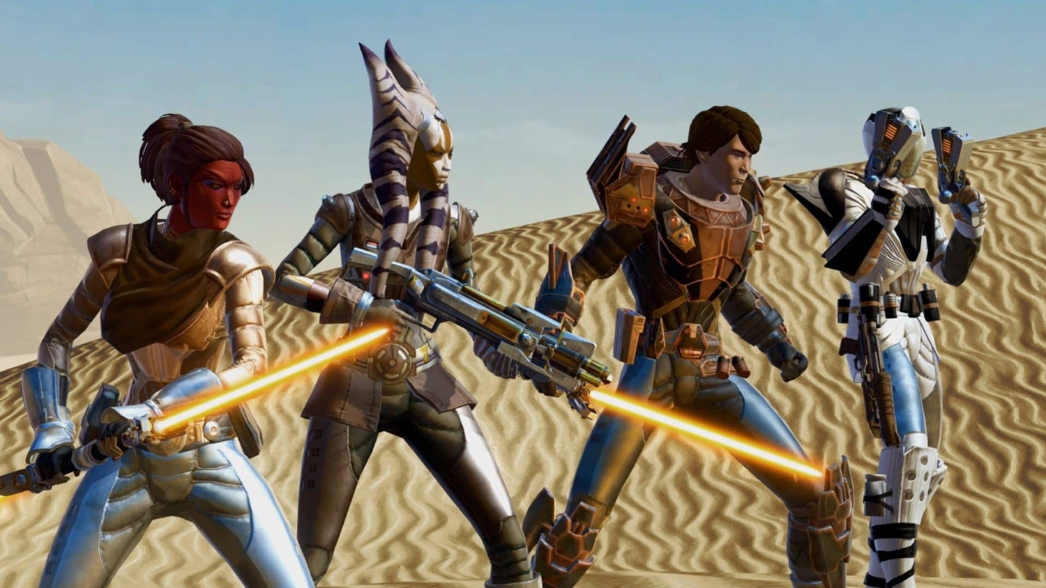 Four futuristic warriors wielding orange lightsabers and guns stand ready in a desert environment