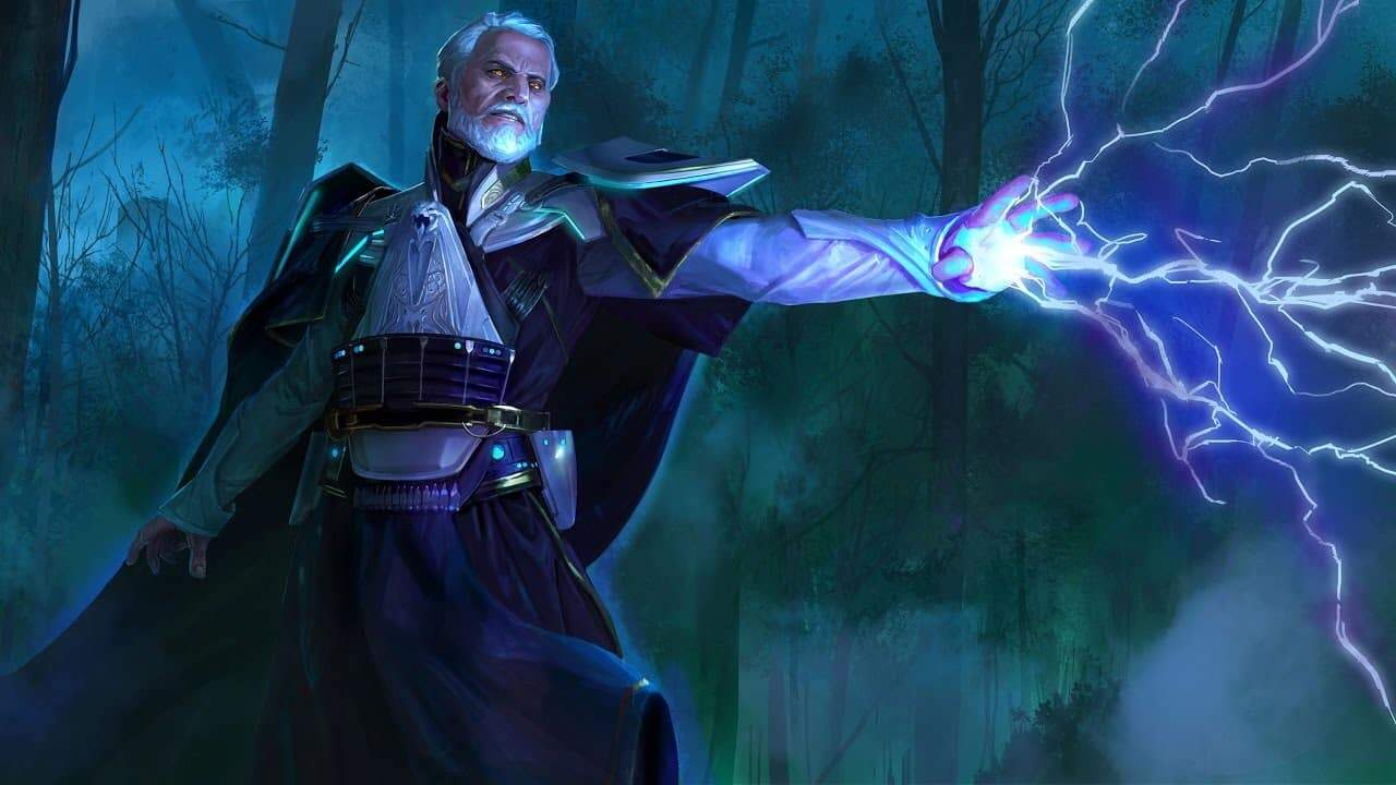 Older man in futuristic armour casting blue lightning from his hand in a misty dark forest