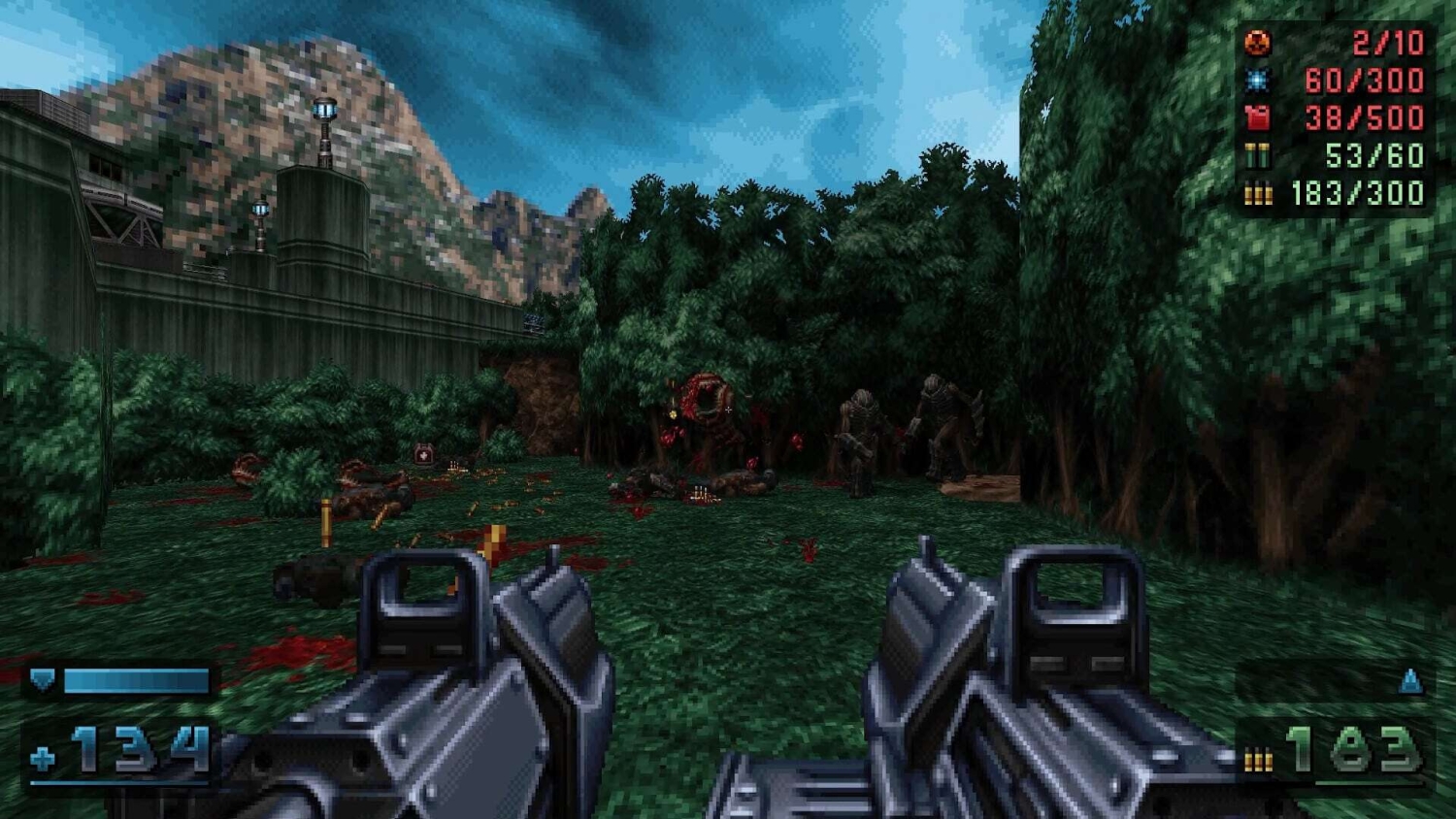 View of dual-wielded guns aiming at monstrous enemies in a forest with pixelated graphics