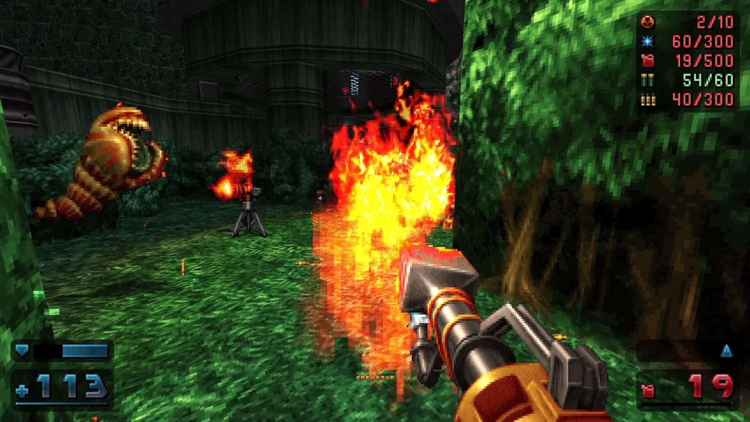 Player using a flamethrower weapon against a fiery enemy in a pixelated green forest environment