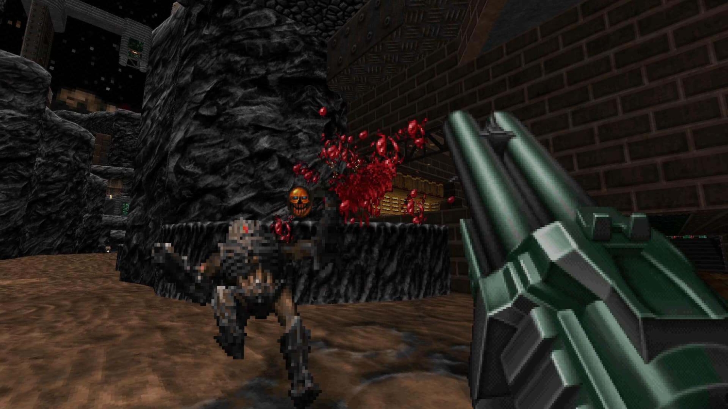 First-person view of a shotgun firing at a pixelated monster with red blood splatter