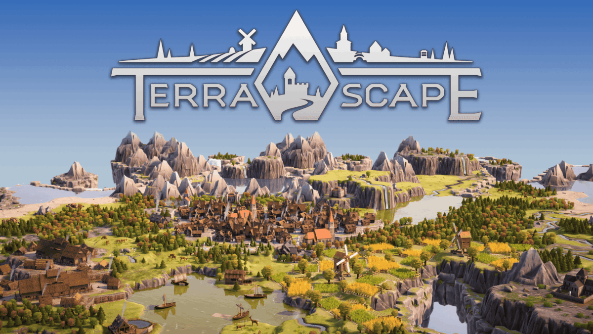 TerraScape logo above a detailed game landscape featuring rivers, mountains, forests, farms, windmills, and a medieval-style town