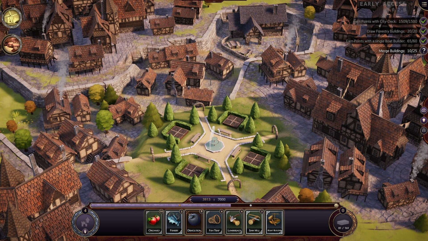 Medieval-style town with Tudor buildings surrounding a central park and fountain in strategy game interface