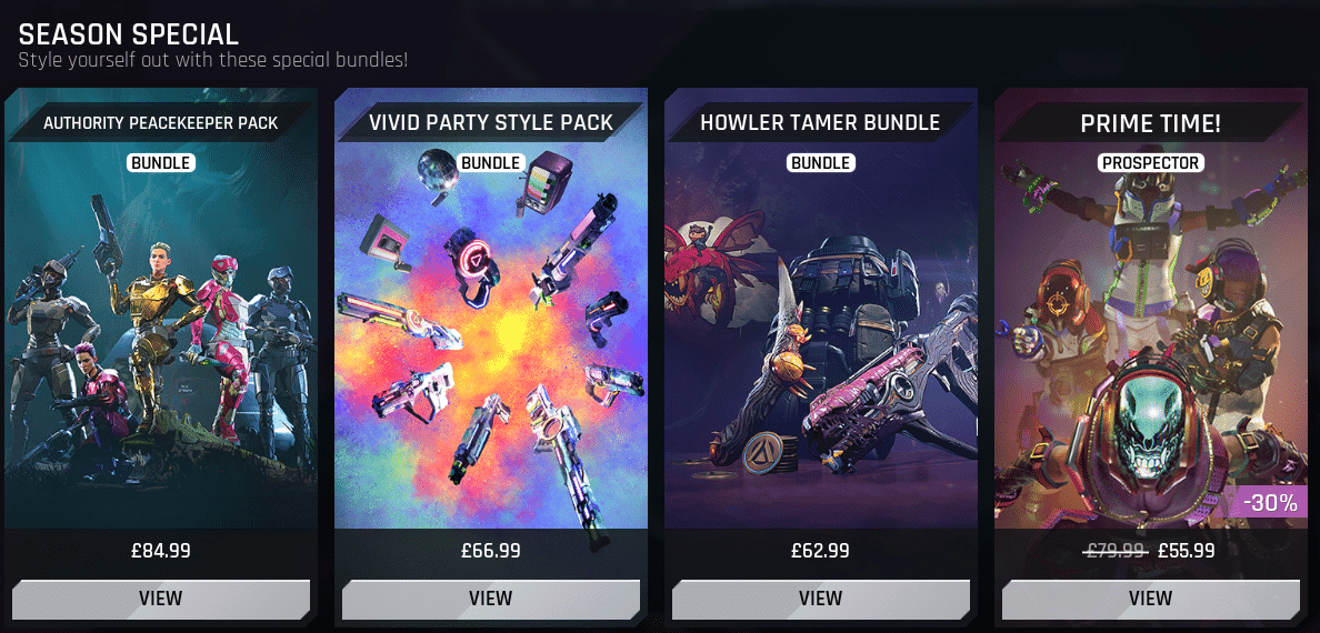 Four promotional packs including Authority Peacekeeper, Vivid Party Style, Howler Tamer bundles, and Prime Time Prospector, each with prices and 'View' buttons