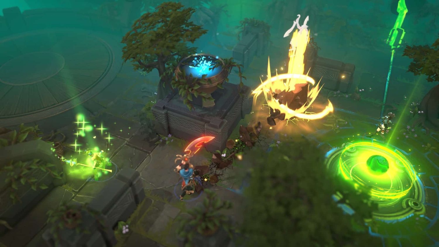 Three characters in a fantasy battleground casting magical and melee attacks with colourful glowing effects