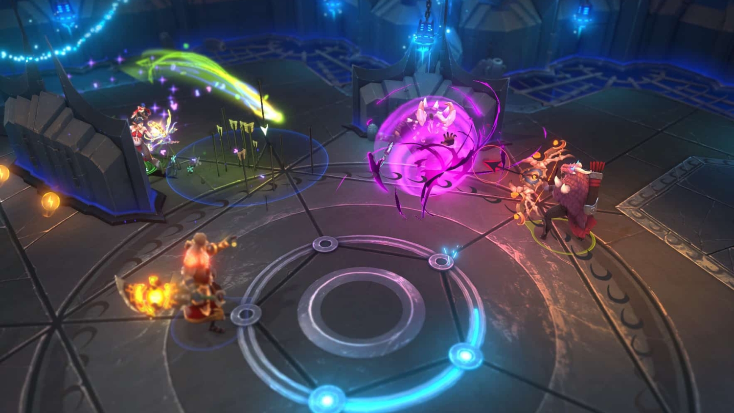 Four characters battling with vibrant magical attacks inside a detailed circular arena