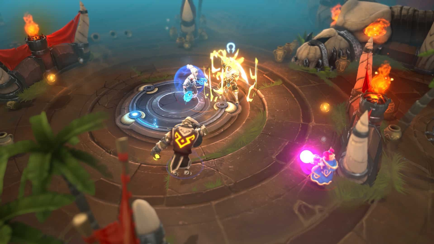 Four characters fighting in circular arena with stone floor and burning torches on sides