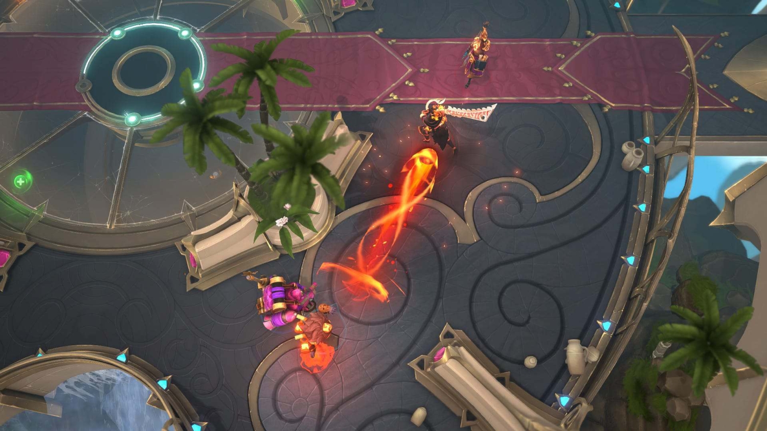 Top-down fantasy battle scene showing four characters engaged with fiery projectiles on a stylised arena floor