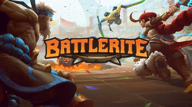 Four fantasy characters poised for battle around the word Battlerite in bold orange letters