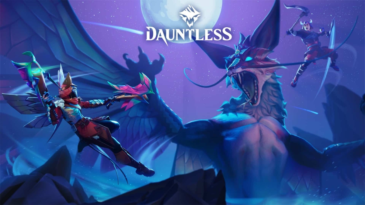 Two armored warriors leap towards a large blue winged monster under a full moon, one wielding a bow and the other a polearm