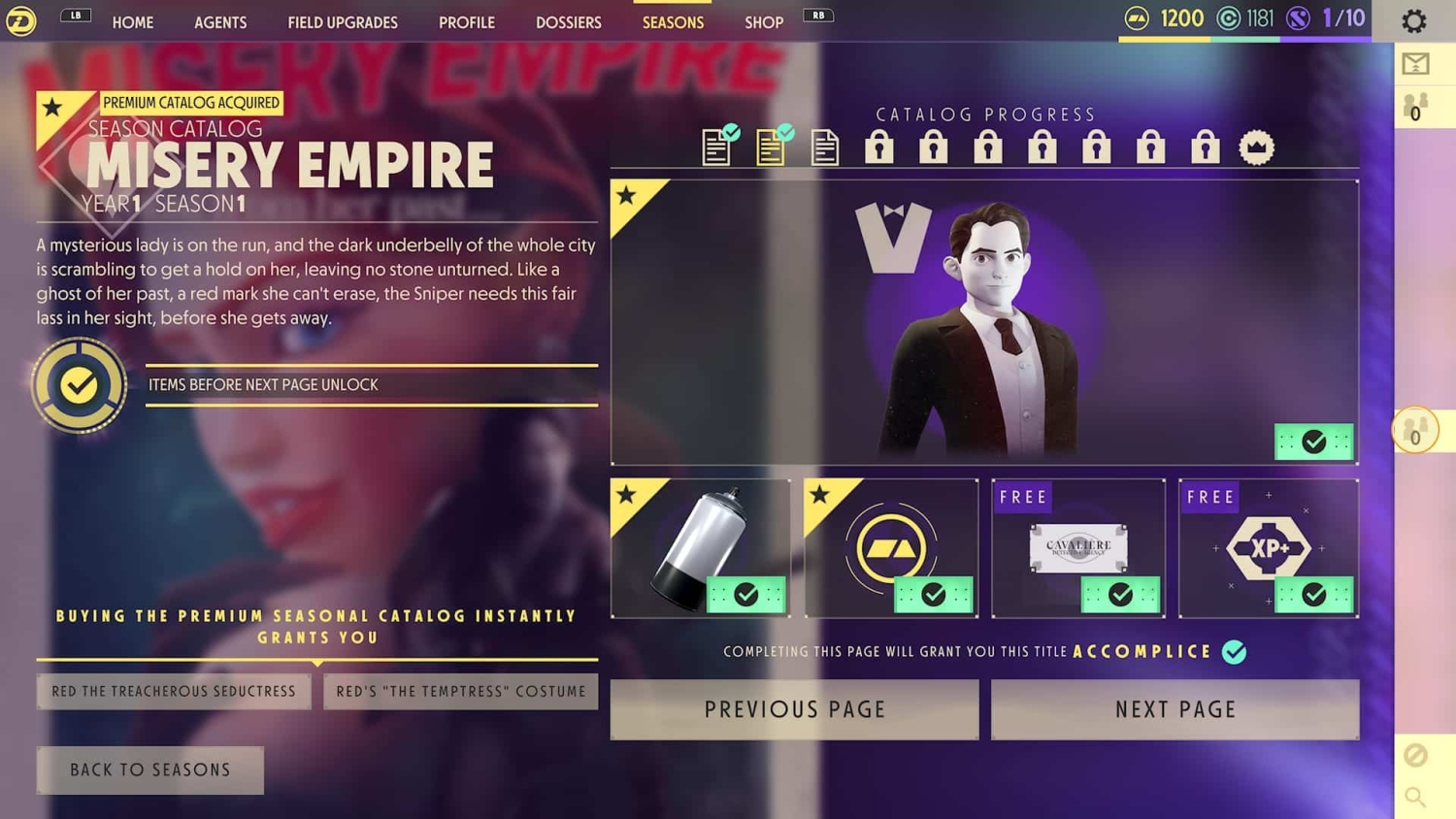 Game menu showing Misery Empire season catalogue with progress locks, rewards, and a suited character