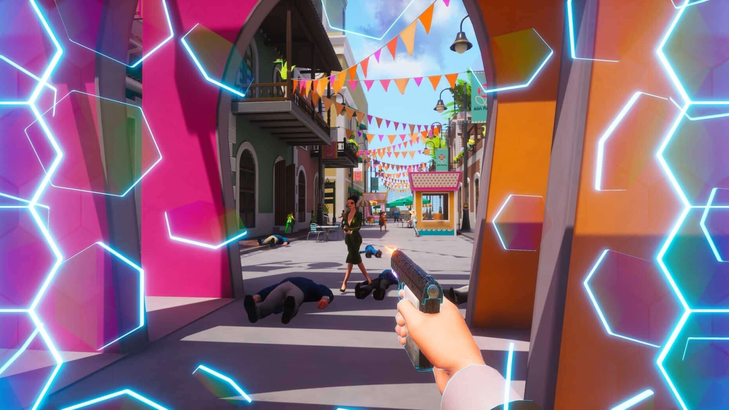 First-person view aiming a handgun at a woman walking in a decorated street with colourful bunting flags