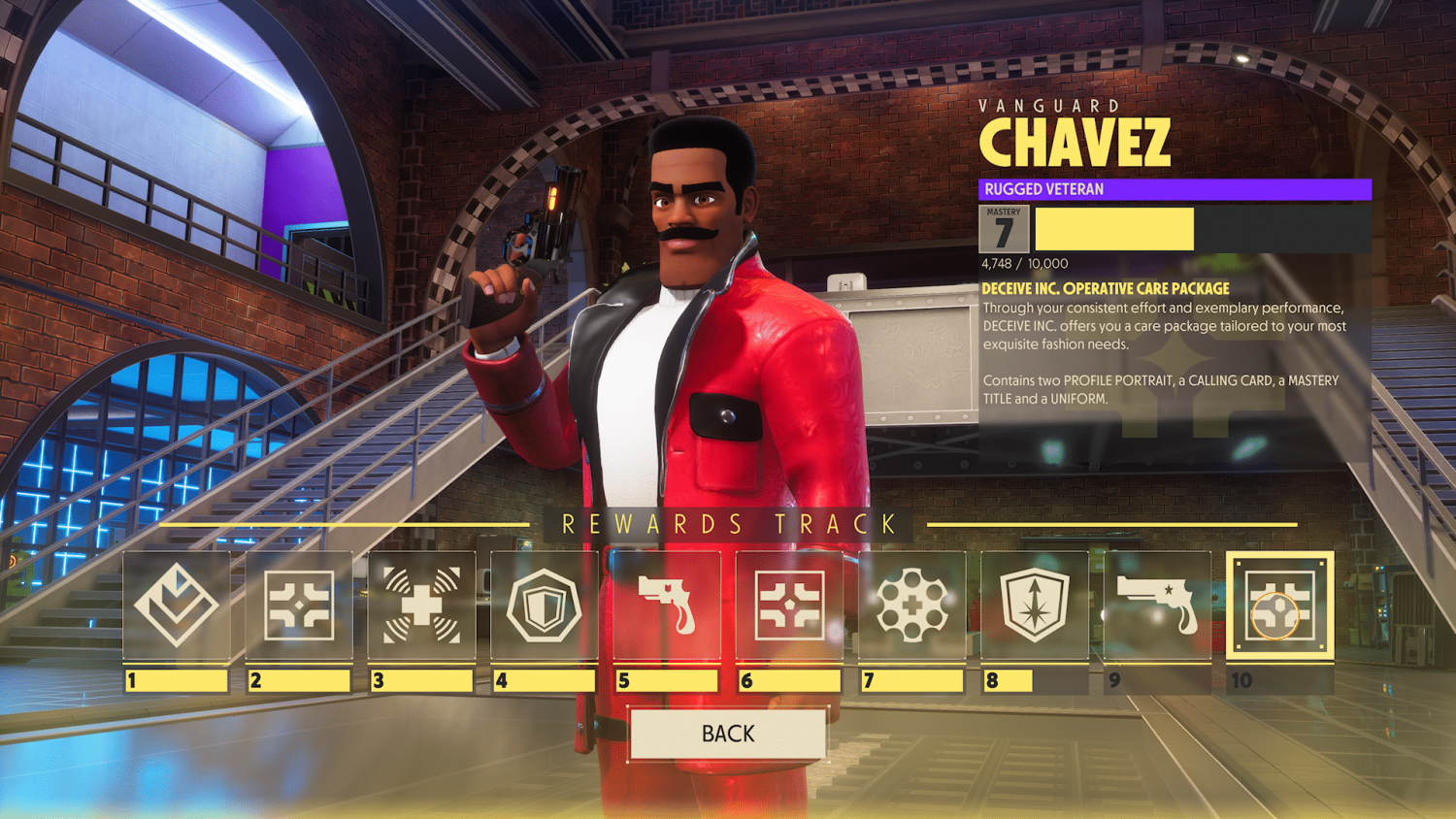 Game character Chavez in a red jacket holding a pistol with a rewards track interface and mastery level visible