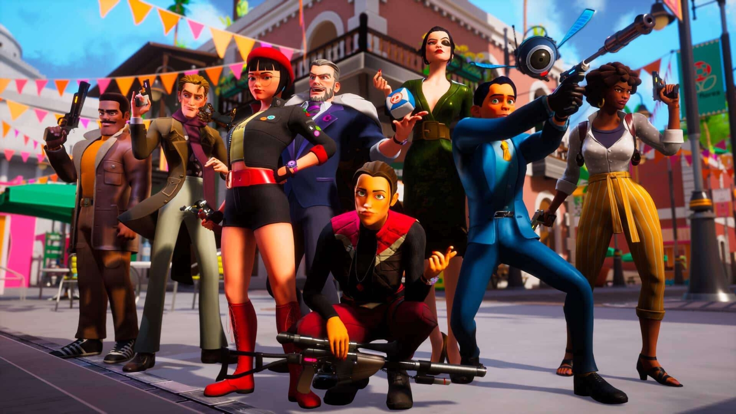 Eight animated characters in colourful outfits hold various weapons on a festive street with bunting overhead.