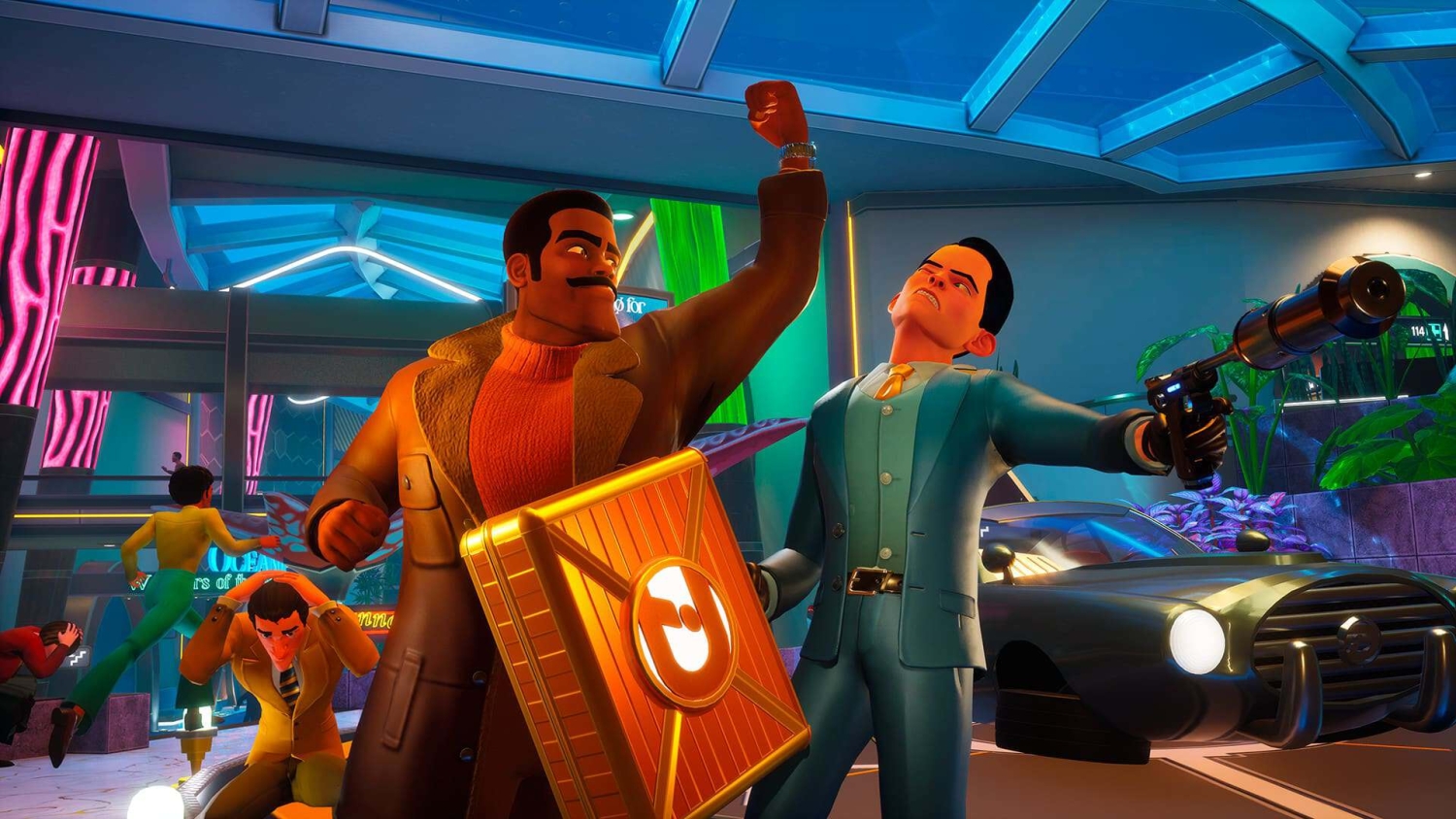 Two animated men fighting in a brightly lit, futuristic interior with a classic car nearby