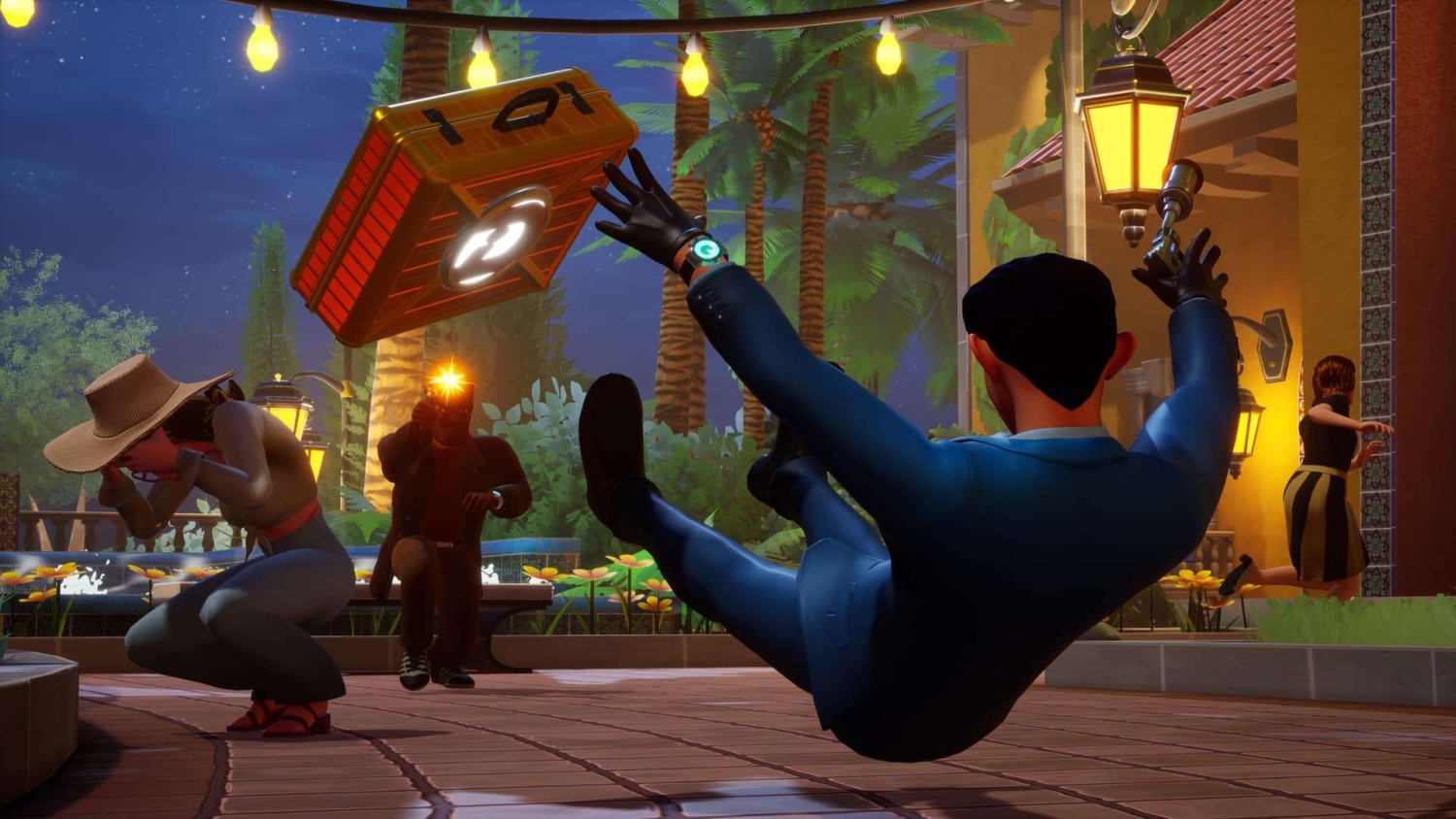 Man in blue suit falls backwards with briefcase flying as masked person fires gun in garden area