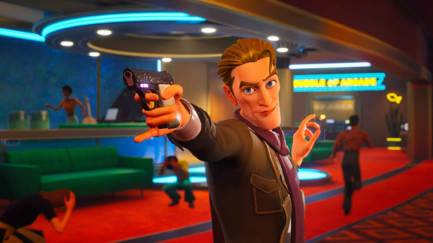 Animated male character with slicked-back hair confidently aiming a glowing handgun in a neon-lit interior lounge