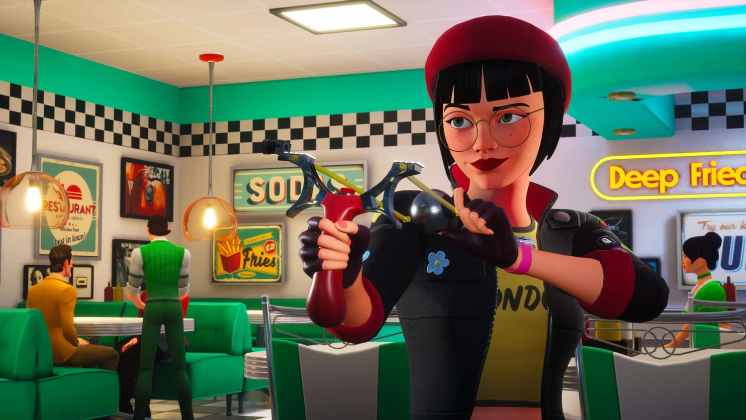 Woman with short black hair and red beret aiming a slingshot inside a 1950s-style diner with green booths