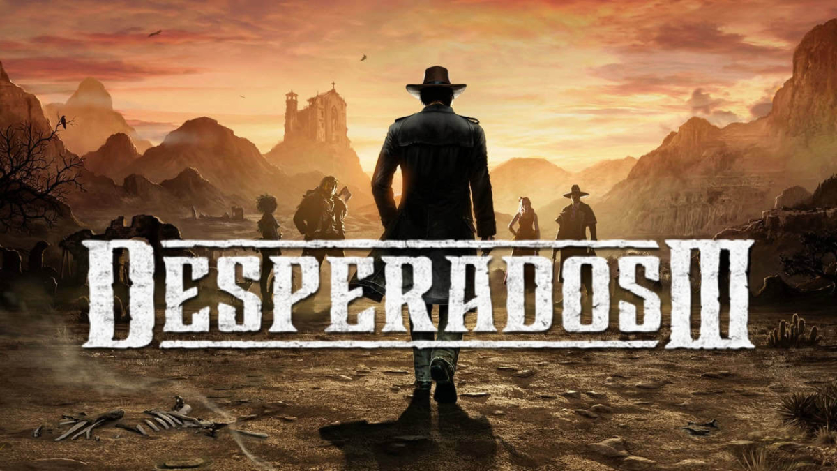 Silhouetted cowboy walking towards a group of figures with a desert and old western buildings at sunset