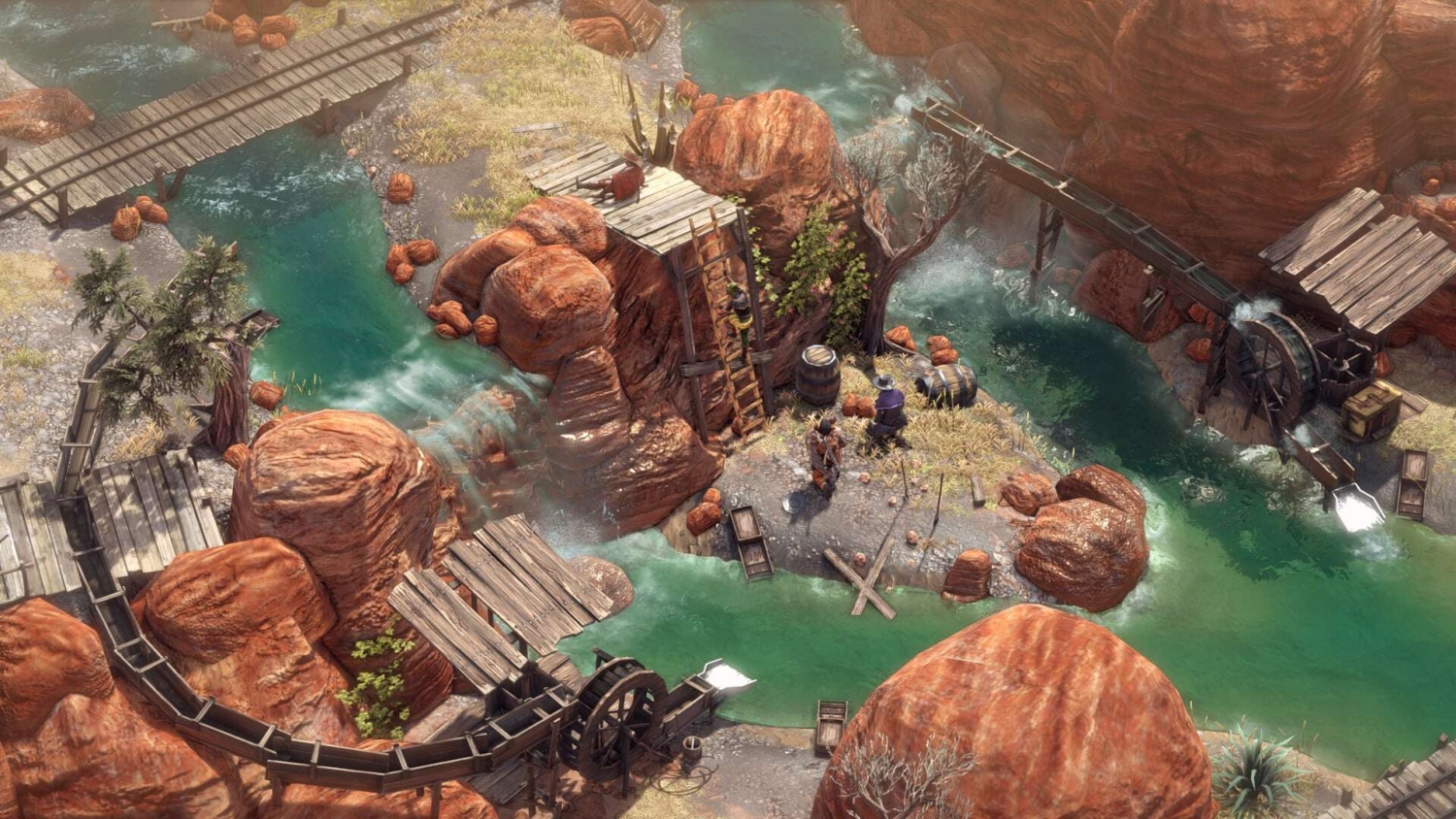 Two characters standing near a turquoise river in a rocky canyon with wooden bridges and water wheels
