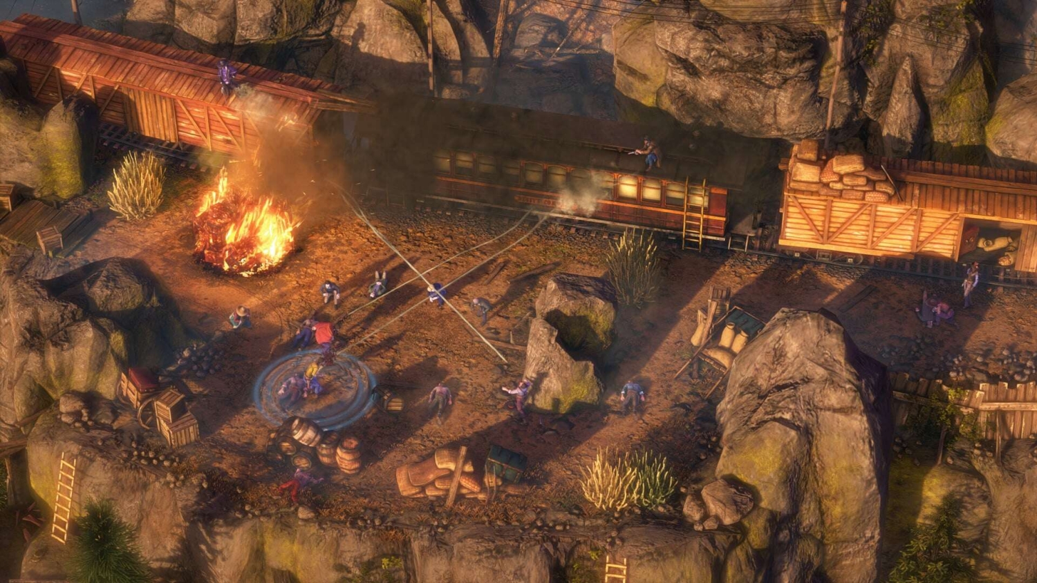 Top-down view of a tactical Western scene with characters fighting near a burning train track