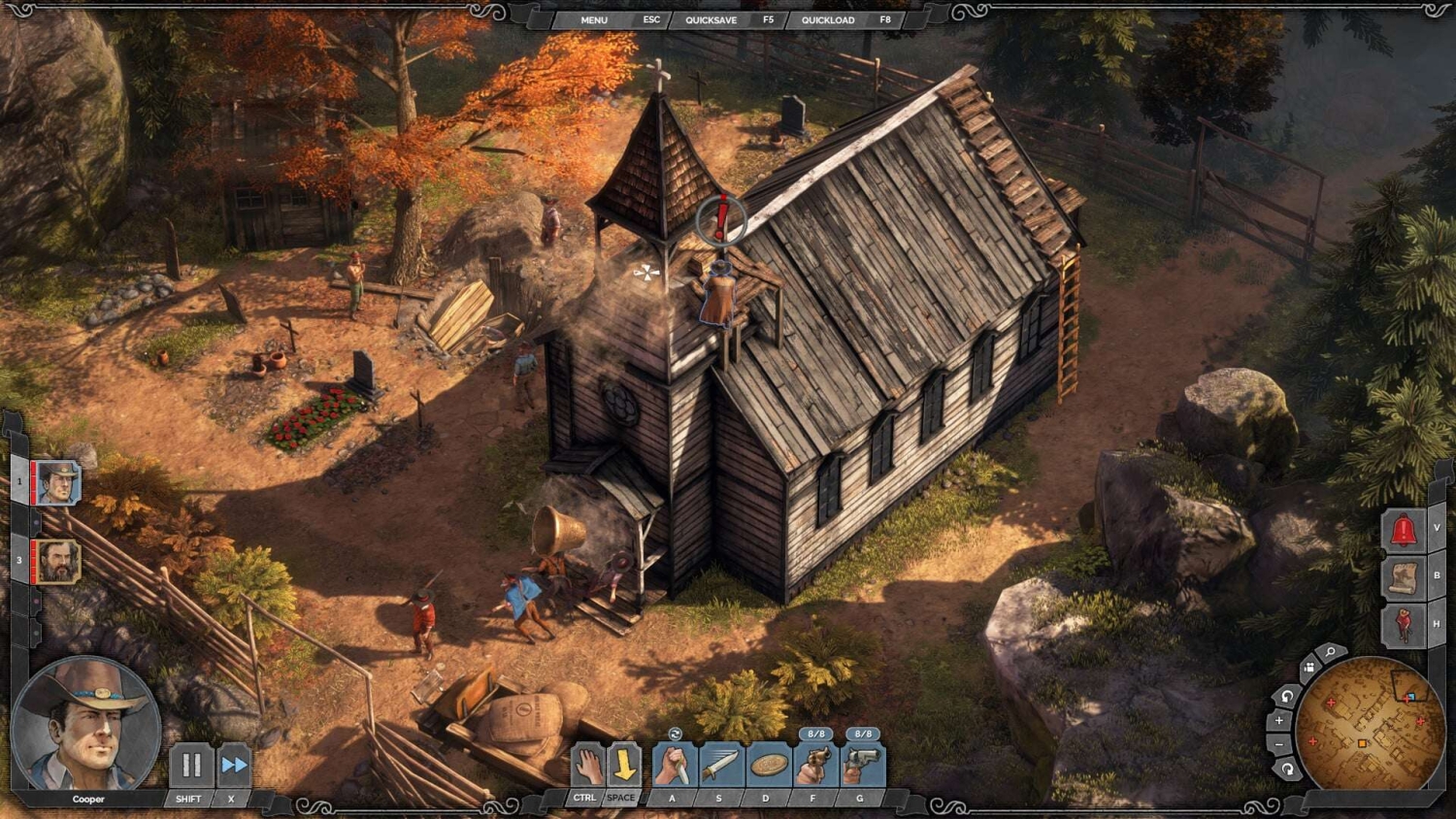 Top-down view of a wooden church surrounded by autumn foliage and several characters in a tactical strategy game
