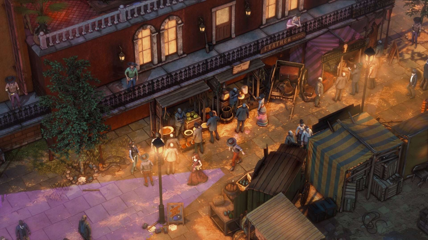Busy western street market with vendors and pedestrians lit by warm street lamps at dusk