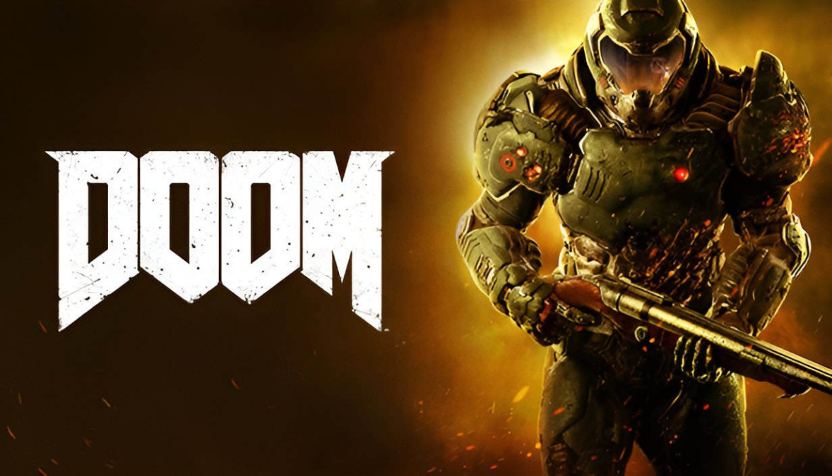 Armoured character holding a shotgun with fiery background beside large white Doom logo