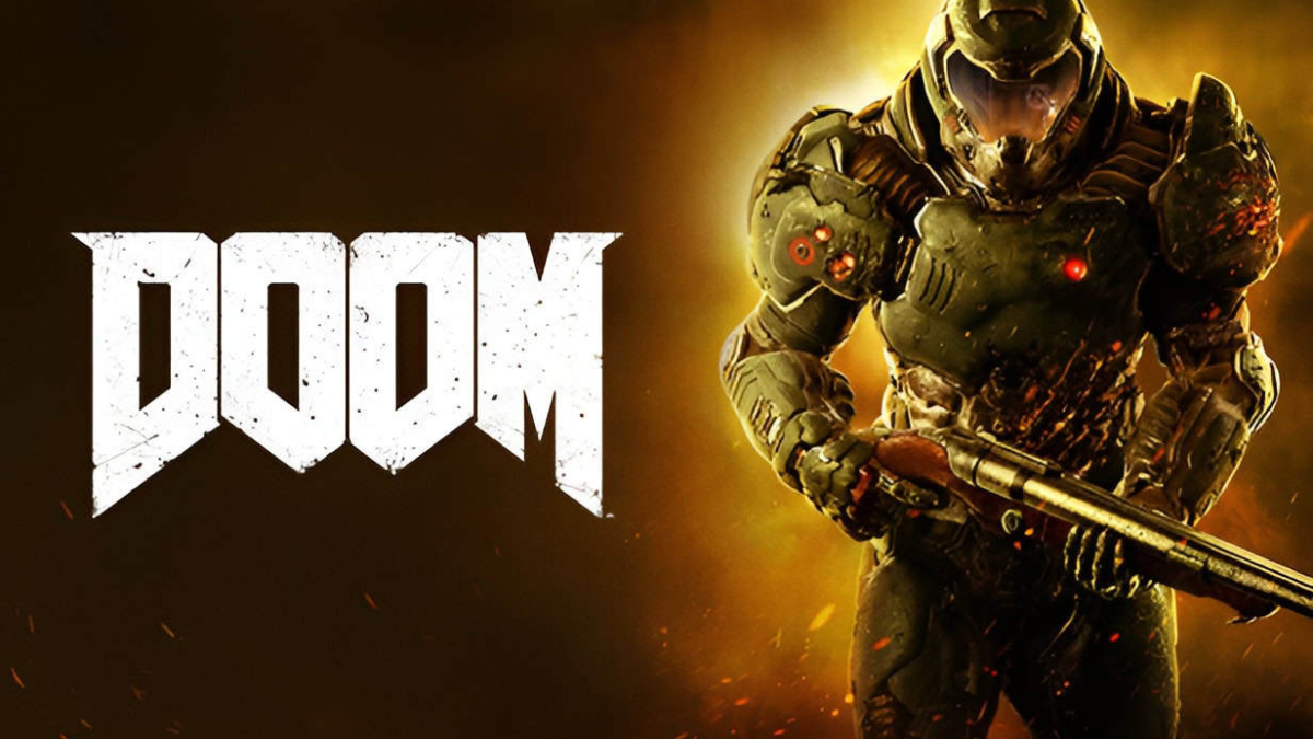 Armoured character holding a shotgun with fiery background beside large white Doom logo
