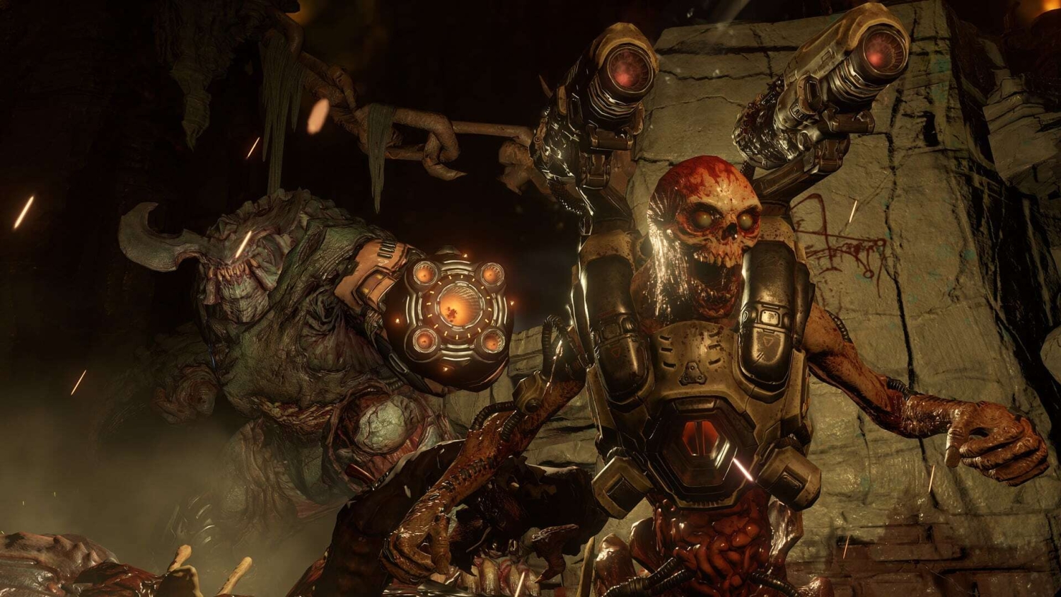 Two grotesque demonic creatures attacking in a grim, shadowy cavern environment