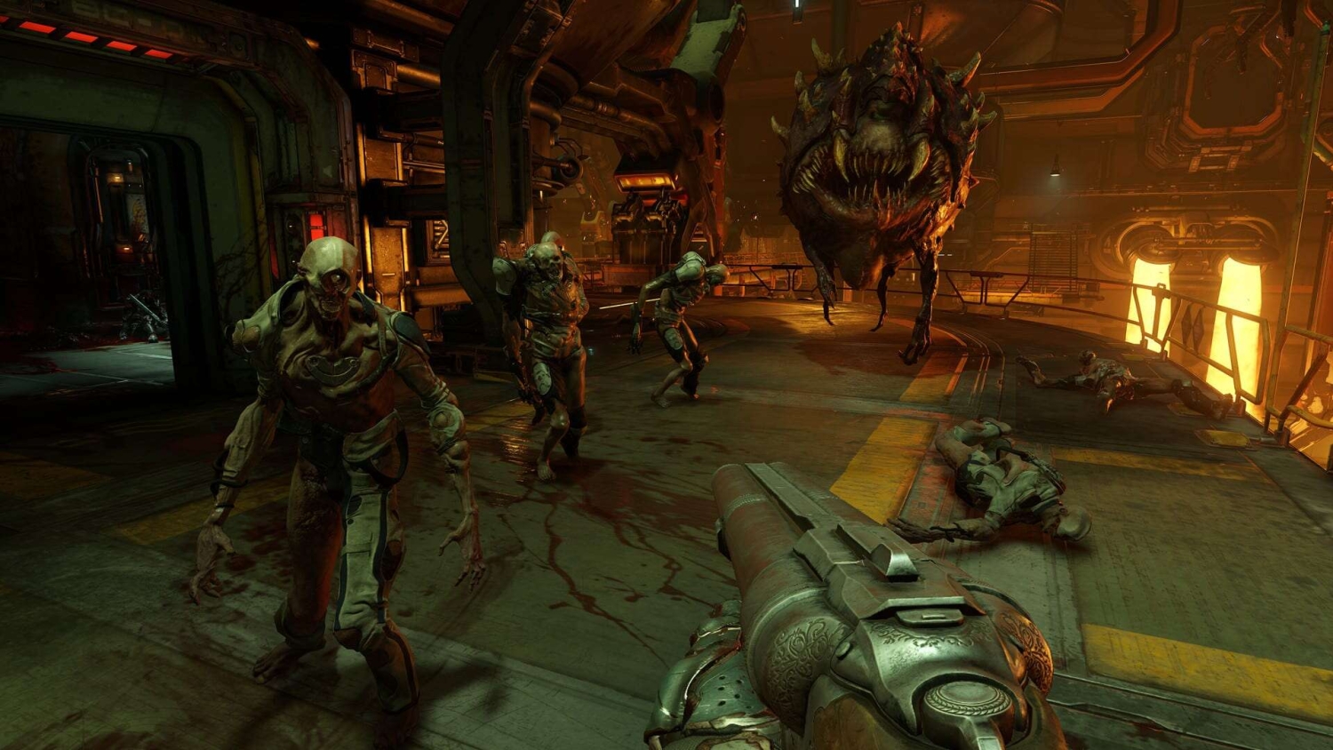 Player aiming a detailed double-barrelled shotgun at several grotesque demonic creatures in a dimly lit industrial environment