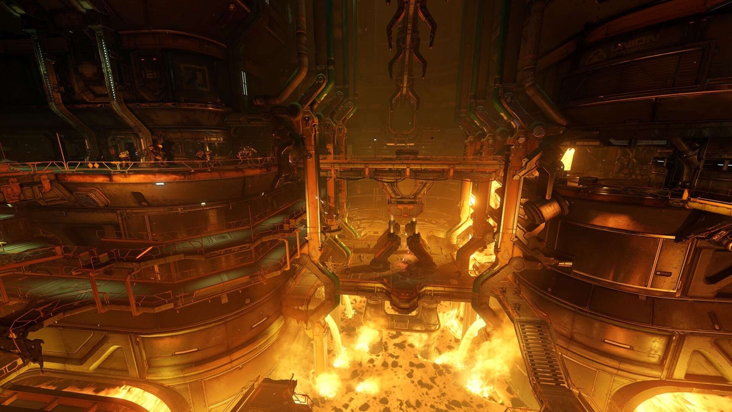 Industrial foundry with catwalks and molten lava pools under intense orange glow