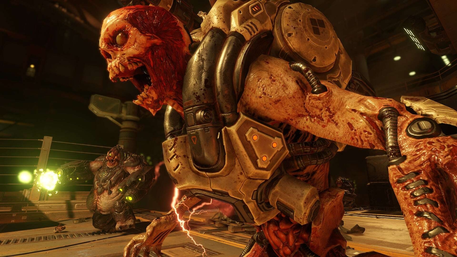 Two fierce demonic creatures with cybernetic enhancements confront in a dark industrial sci-fi environment