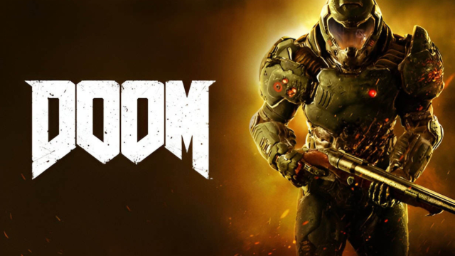 Armoured character holding a shotgun with fiery background beside large white Doom logo