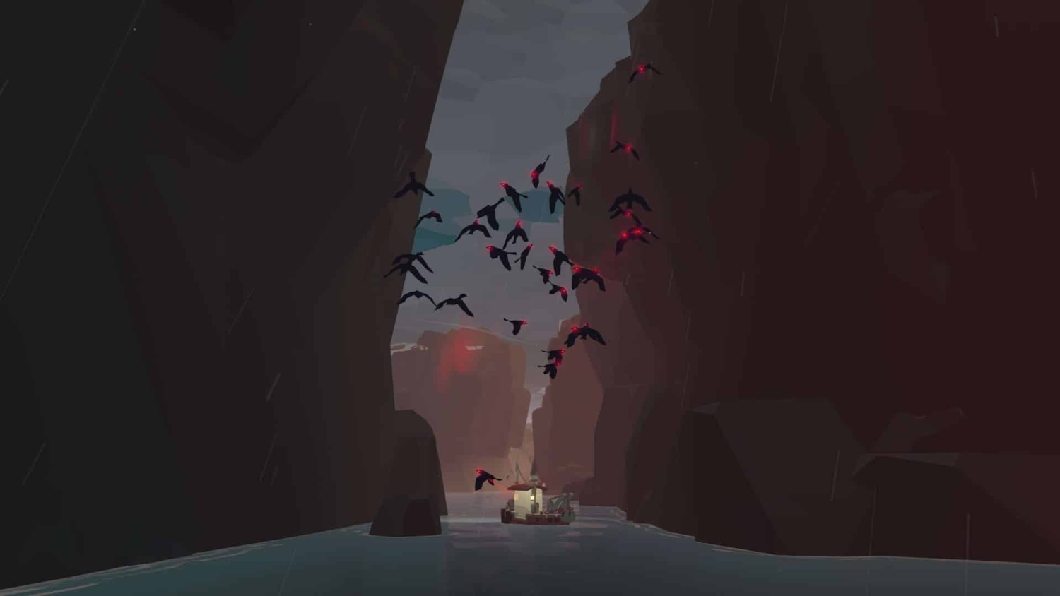 Small fishing boat sailing through narrow rocky cliffs at night with birds glowing red in flight