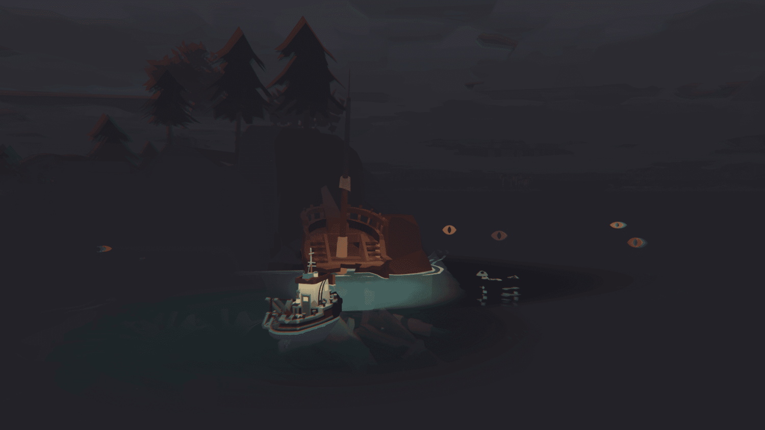 Small fishing boat with spotlight near large wooden shipwreck surrounded by dark water and glowing eyes