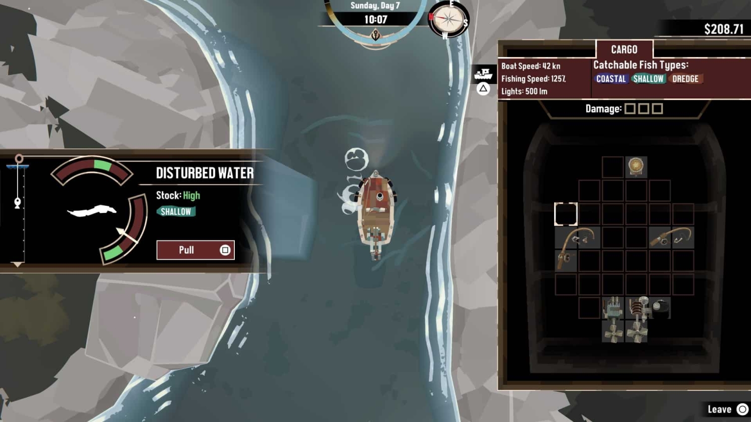 Top-down view of a boat navigating a narrow waterway with game HUD displaying fishing stock, boat speed, and cargo inventory